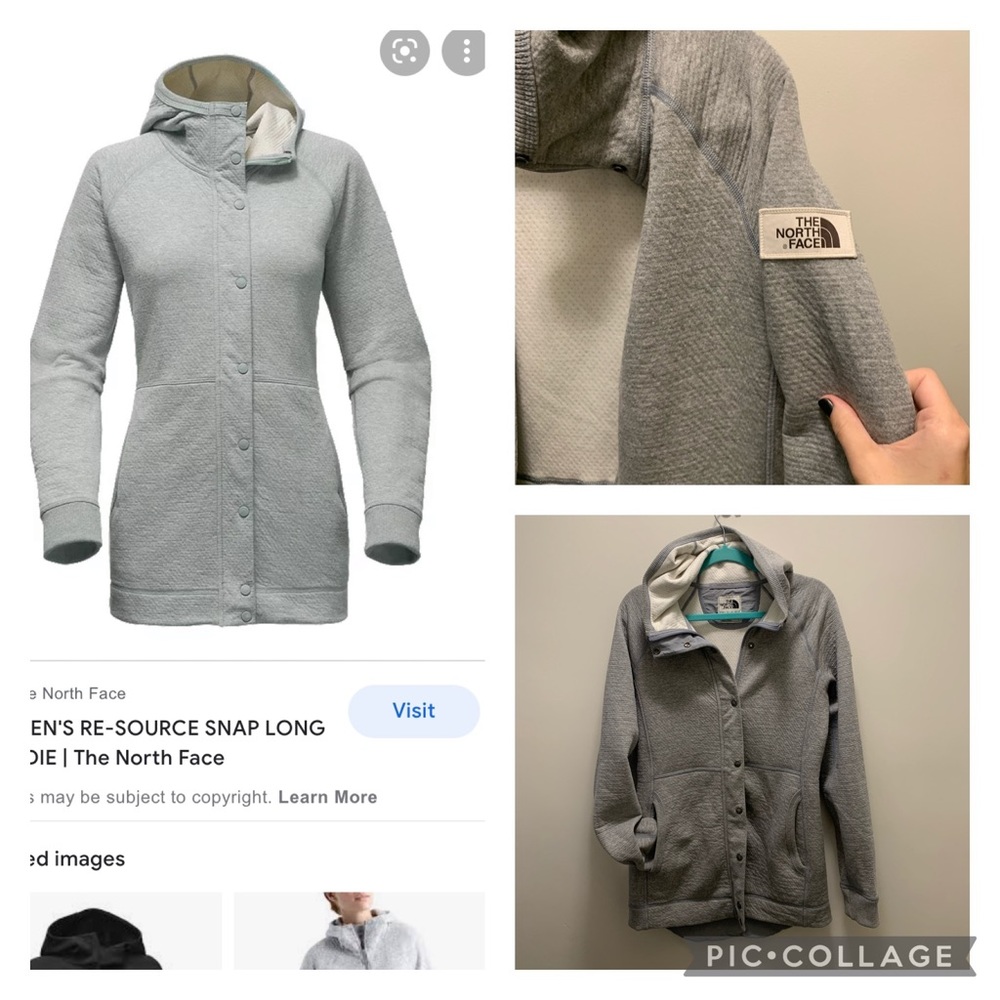 the North Face snap up coat size S grey “re-source long snap hoodie”